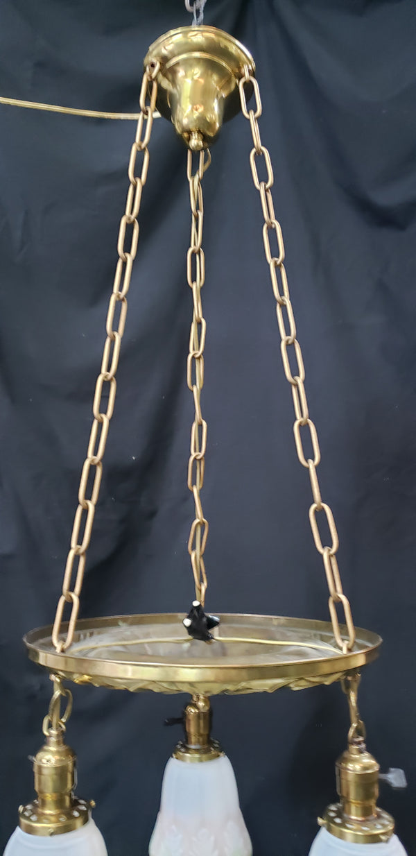 Restored Victorian 3 Light Brass Pan Chandelier w/ Shades 14"x 36" GS00978