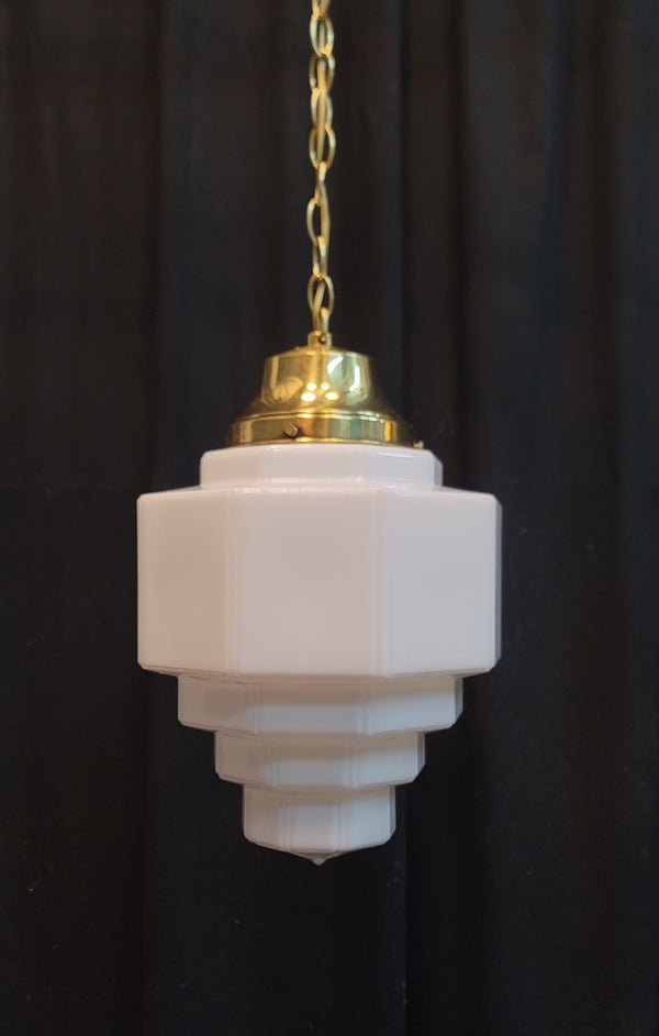 Restored Pair of Art Deco Glass Pendant Light Fixtures w/ Chain & Cap GS01008