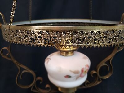 Ornate Queen Anne Hanging Oil Lantern w/ Hand Painted Shade GS00744