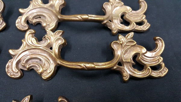 Architectural Salvage Brass Leaf Design Wide Drawer Pull Handles Set of 5