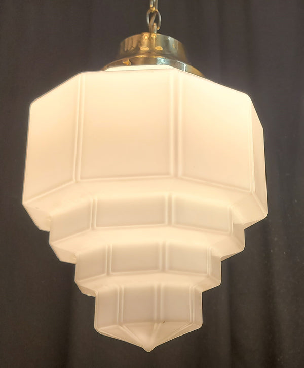 Restored Pair of Art Deco Glass Pendant Light Fixtures w/ Chain & Cap GS01008