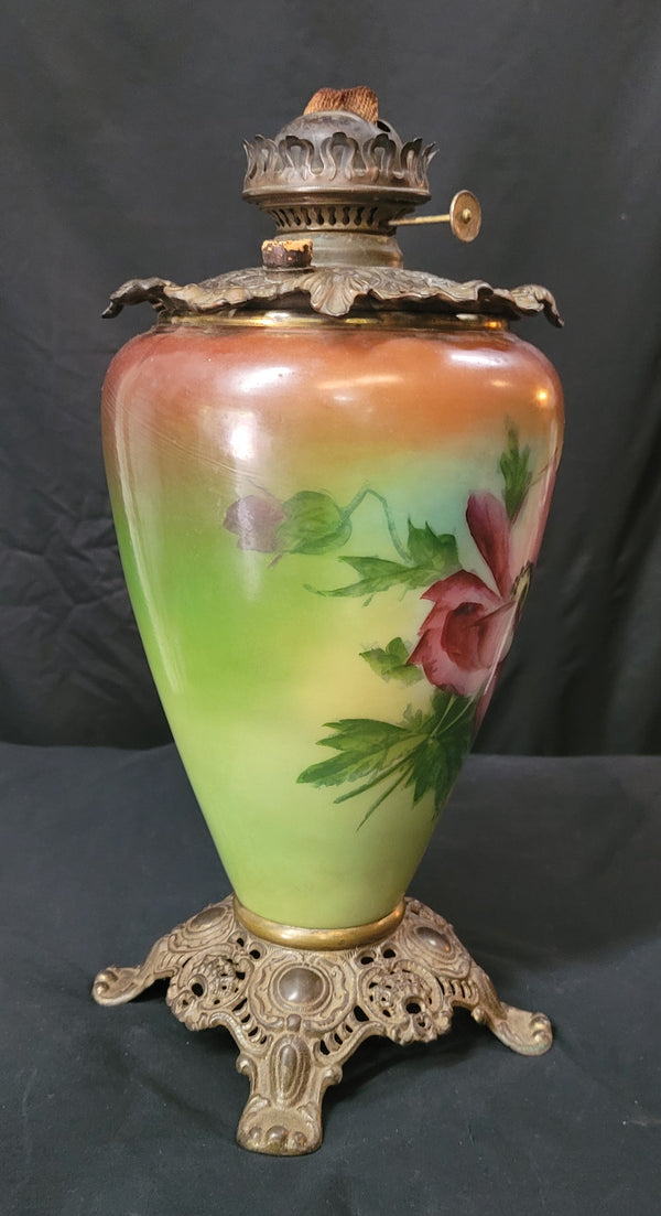 Vintage Ornate Floral Oil Lamp w/ Brass Canopy & Chimney GS00620