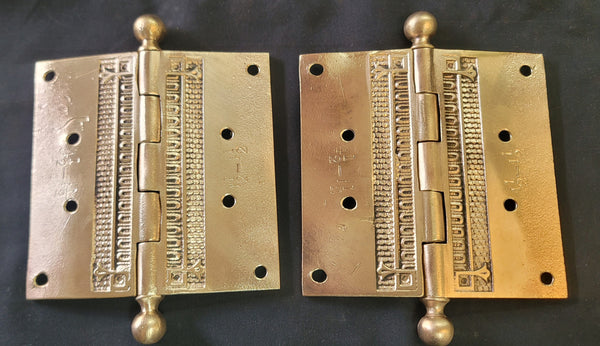 Restored Victorian Ornate Solid Brass Ball Pin Hinges  4 1/2" x 4 1/2" GS01041