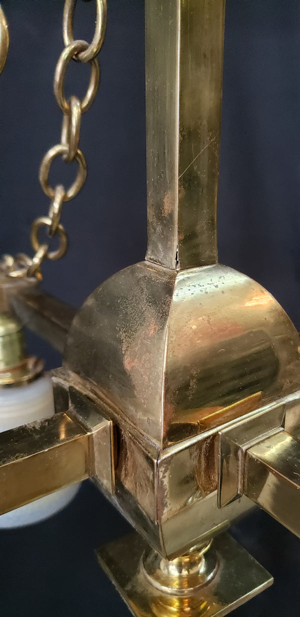 1900's 4 Light Brass Chandelier w/ Brass Chain Accents & Shades 24"x 44" GS00976