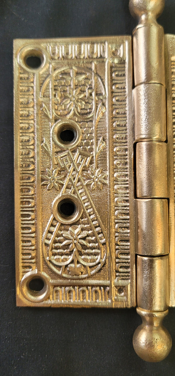 Restored Victorian Ornate Solid Brass Ball Pin Hinges  4 1/2" x 4 1/2" GS01041
