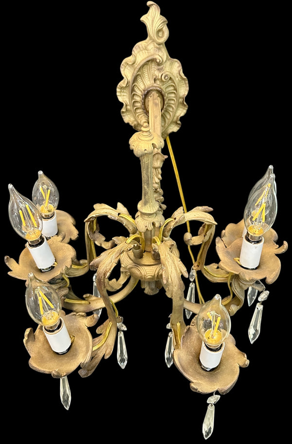 Restored Antique Solid Brass 5-Light Wall Sconce w/ Crystal Pendants GA20707