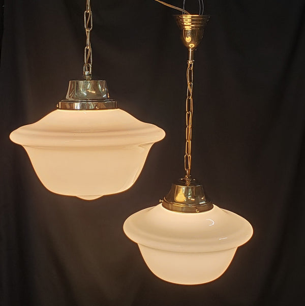 Pair of Restored Brass Pendant Lights w/ White Shades GS01080