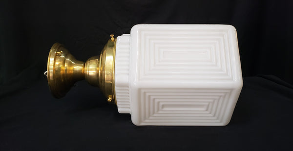 Restored Brass Art Deco Flush Mount Light w/ White Geometric Shade GA40711