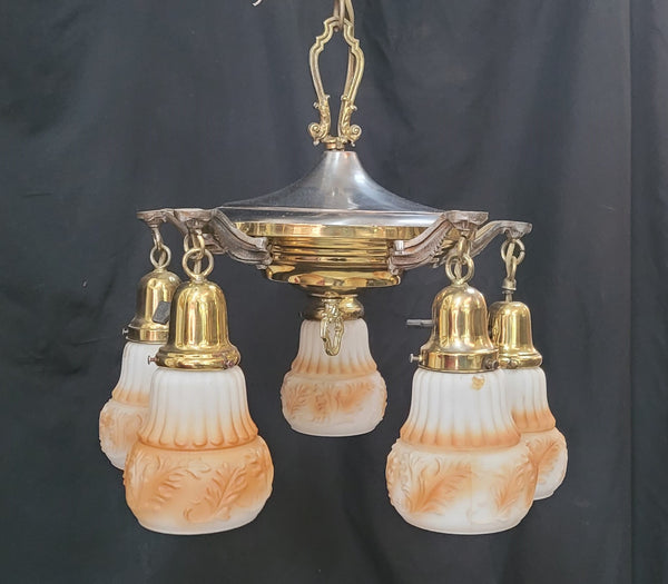 Vintage 5 Light Two Tone Brass Pan Chandelier 18" x 16" GS00970