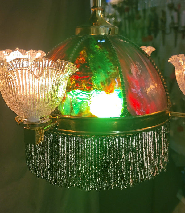 Restored Victorian 6 Light Chandelier w/ Slag Glass & Shades 26" x 35" GS01071