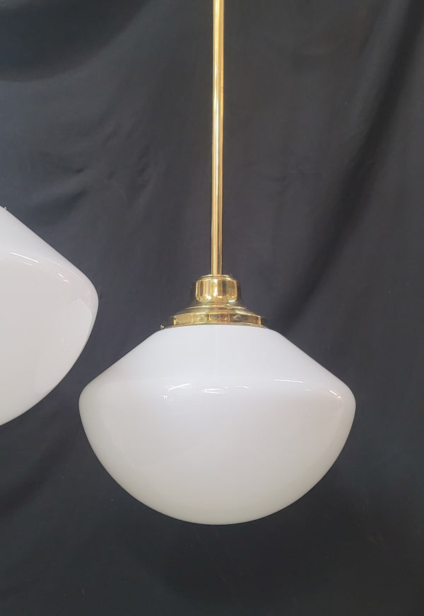 Restored Pair of Brass Pendant Lights w/ White Globes 49" T x 16" W GS01002