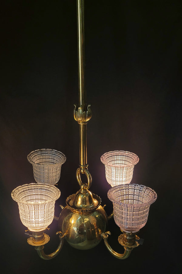 Restored 4 Light Brass Chandelier w/ Hyalophane Shades 20" x 52" GS01001