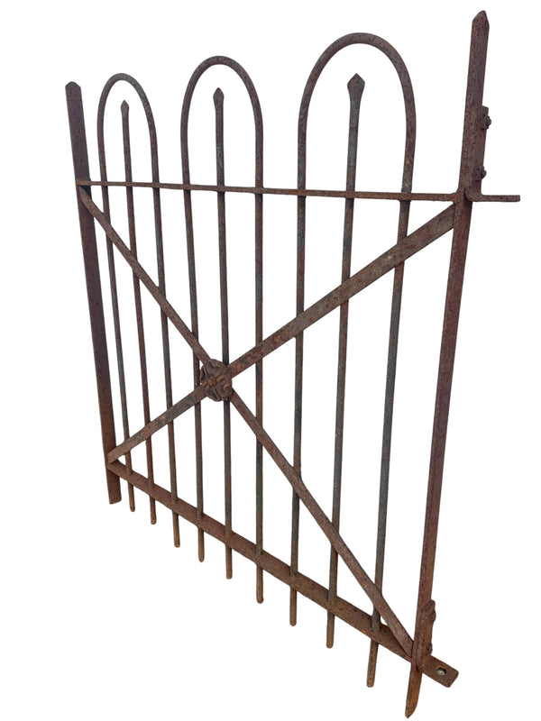 Antique Wrought Iron Hairpin Gate w/ Floral Medallion - 35" W x 39" T - GA20981