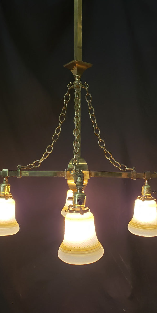 1900's 4 Light Brass Chandelier w/ Brass Chain Accents & Shades 24"x 44" GS00976