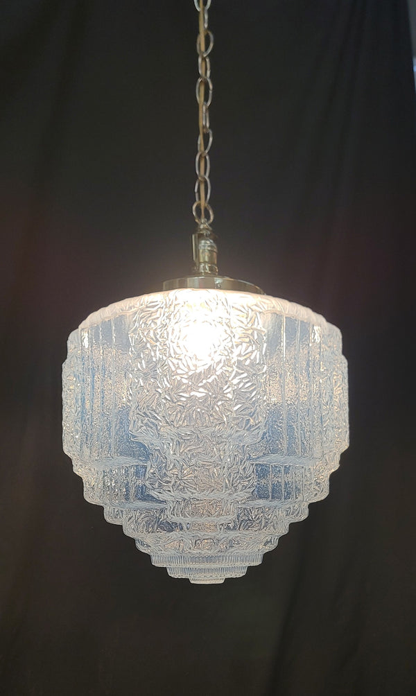 Restored Art Deco Pendant Light w/ Textured Tiered Opalescent Shade GS01023