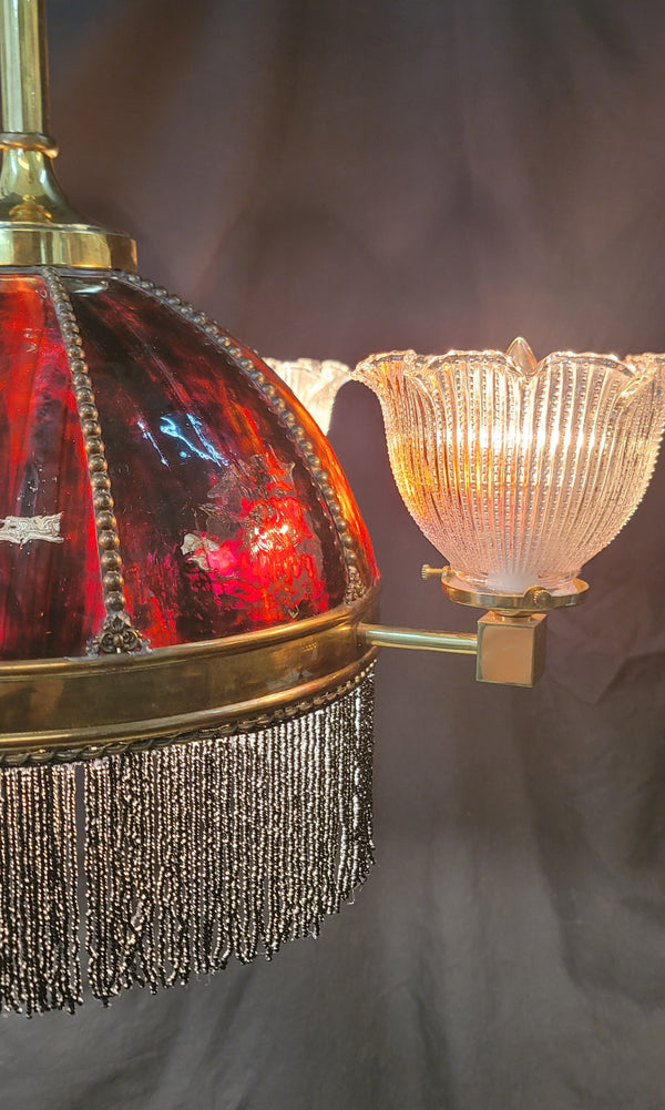Restored Victorian 6 Light Chandelier w/ Slag Glass & Shades 26" x 35" GS01071
