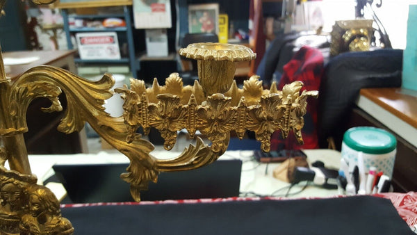 Antique Ornate Solid Brass Candelabra with Renaissance Design on Marble Base