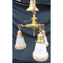 Restored 3 Light Victorian Brass Pan Chandelier w/ Textured Floral Shades GA7676