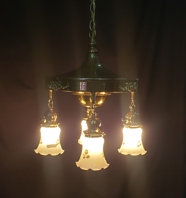 Restored Ornate Victorian 4 Light Brass Pan Chandelier GS01081