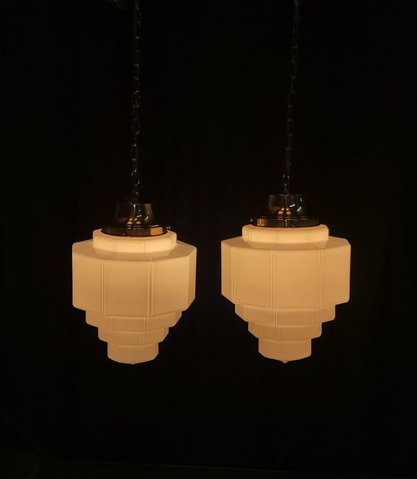 Restored Pair of Art Deco Glass Pendant Light Fixtures w/ Chain & Cap GS01008