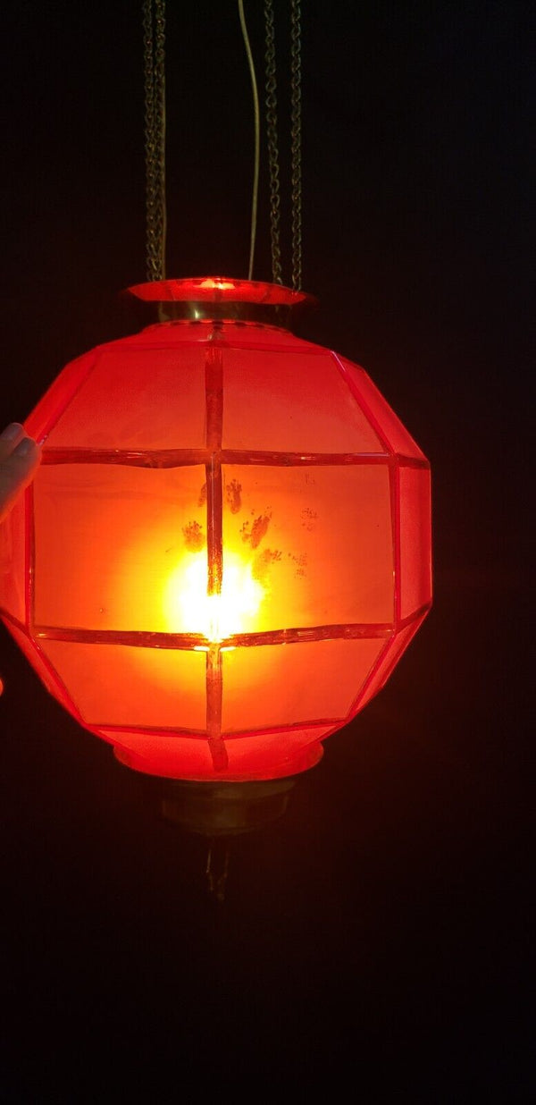 Red Frosted Octagon Hanging Oil Lamp Electrified with Brass Fitters GS00125