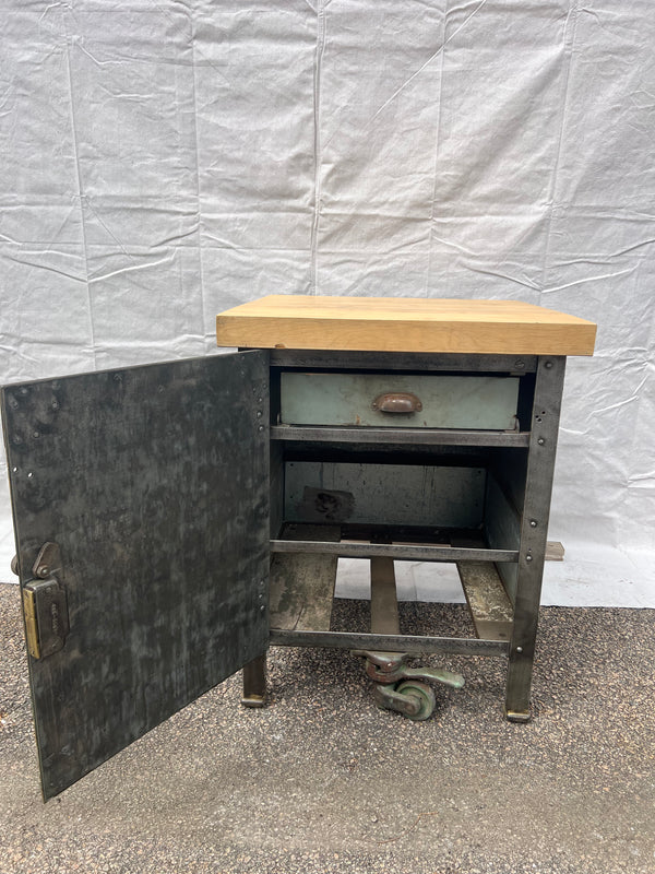 1880's Hand Riveted Steel Machinist Cabinet w/ Maple Butcher Block Top GA10190