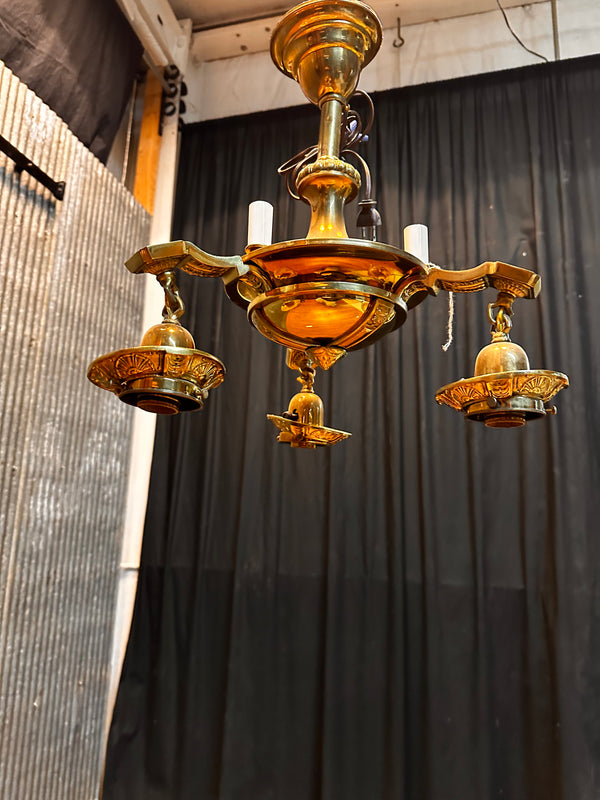 ART DECO BRASS TRIPLE-LIGHT HANGING PAN-STYLE LIGHT FIXTURE WITH CANDLE LIGHTS GA10072