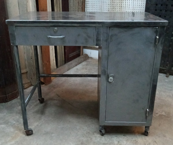 1800's Steel Medical Desk with Top Draw & Side Tray Shelves on Wheels GA9360