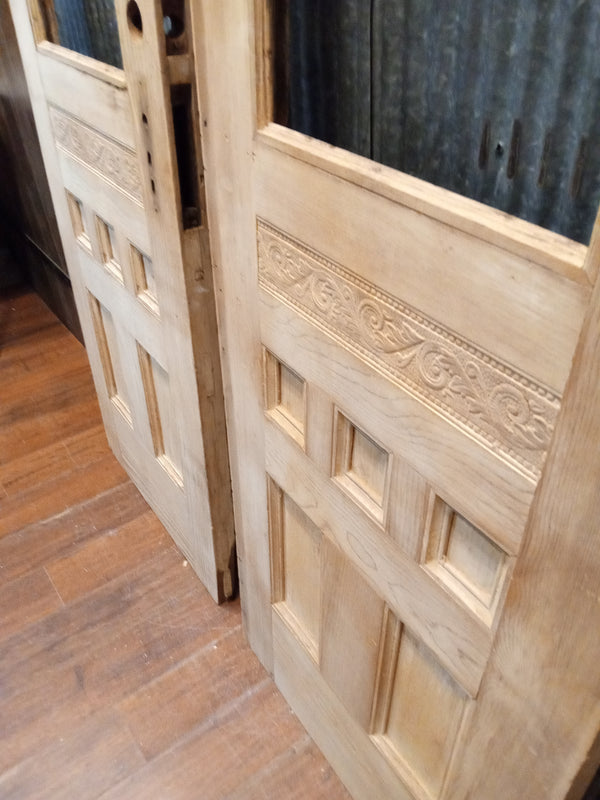Pair of Newly Stripped Half Glass & Ornate Raised Panel Exterior Doors GA9364