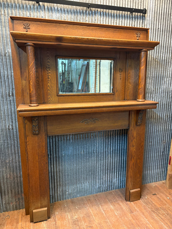 Solid Oak Mantel w/ Beveled Mirror & Oak Appliques GS6044