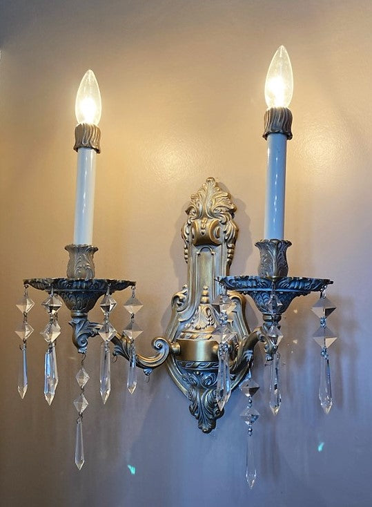 Pair of French Inspired Two Light Sconces with Faceted Crystal Prisms GA9373