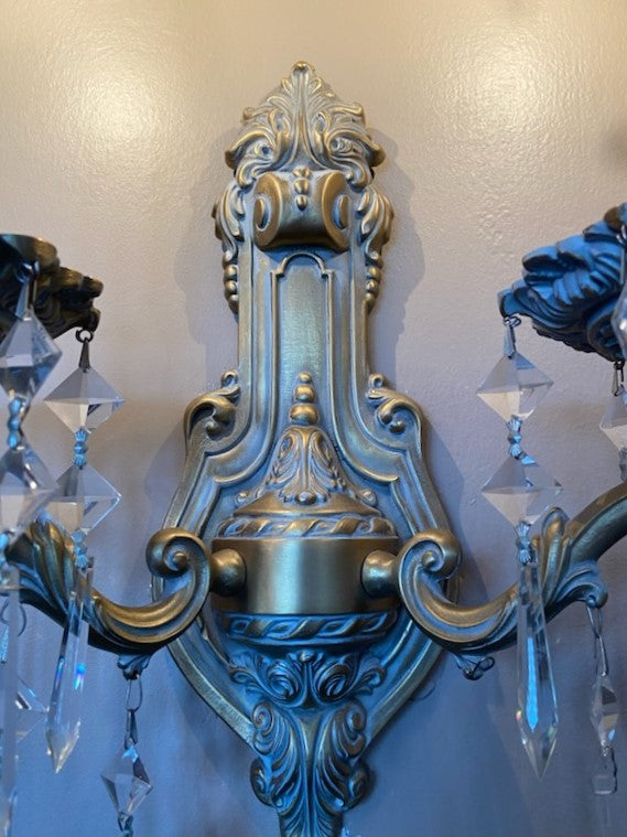 Pair of French Inspired Two Light Sconces with Faceted Crystal Prisms GA9373