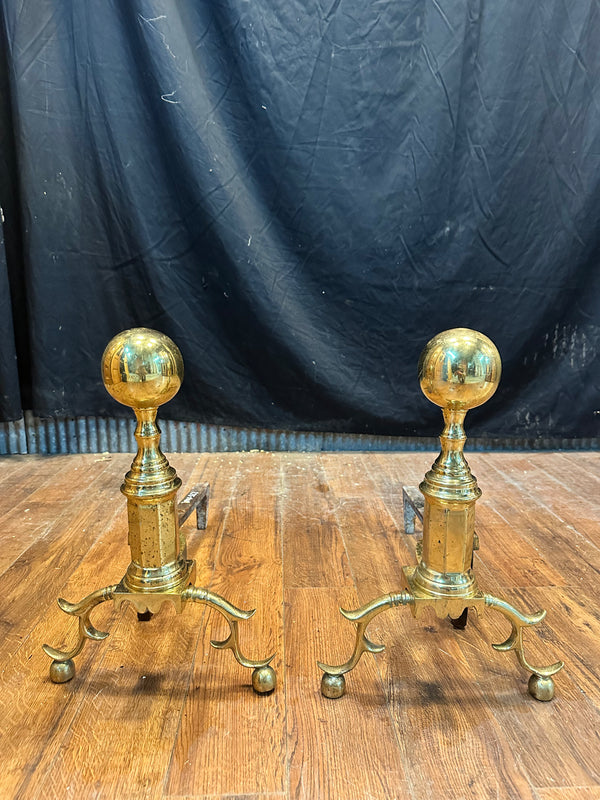 Antique Brass Andiron Pair w/ Ball Finials GA20123