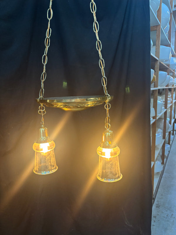 ART DECO BRASS TWO-LIGHT PAN-STYLE HANGING LIGHT FIXTURE GA10011
