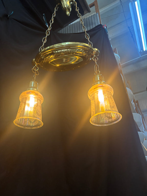 ART DECO BRASS TWO-LIGHT PAN-STYLE HANGING LIGHT FIXTURE GA10011