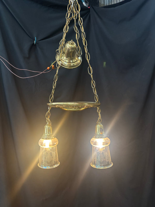 ART DECO BRASS DOUBLE HANGING PAN-STYLE LIGHT FIXTURE GA10014