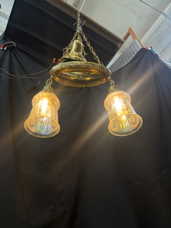 ART DECO BRASS DOUBLE HANGING PAN-STYLE LIGHT FIXTURE GA10014