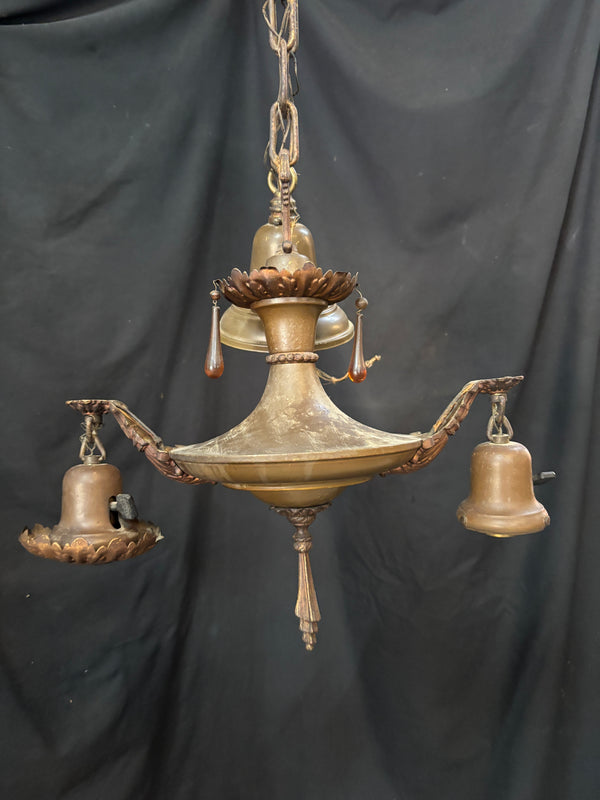 ART DECO BRASS DOUBLE-ARMED PAN-STYLE HANGING LIGHT FIXTURE GA10017