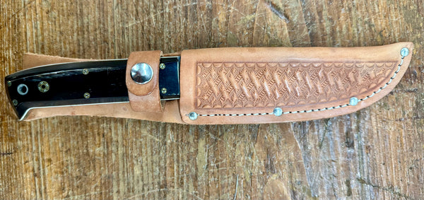 Engraved 'D. Sebra' D2 Steel and Buffalo Horn Hunting Knife Made in VA GA20162
