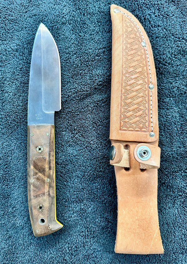 Engraved 'D. Sebra' D2 Steel Hunting Knife & Leather Sheath Made in VA GA20165