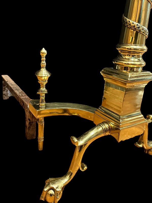 Pair of Brass Andirons w/ Chippendale Claw Feet and Acorn Finials GA20122