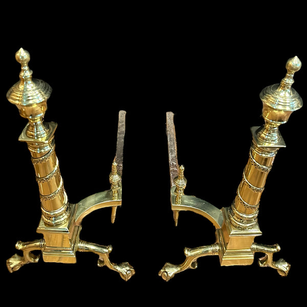 Pair of Brass Andirons w/ Chippendale Claw Feet and Acorn Finials GA20122