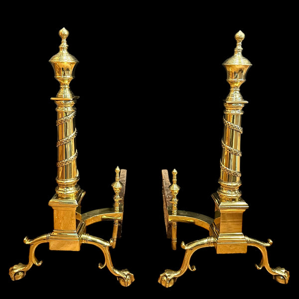 Pair of Brass Andirons w/ Chippendale Claw Feet and Acorn Finials GA20122