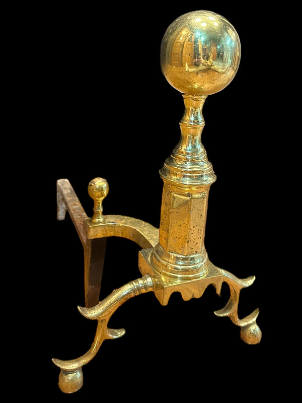 Antique Brass Andiron Pair w/ Ball Finials GA20123