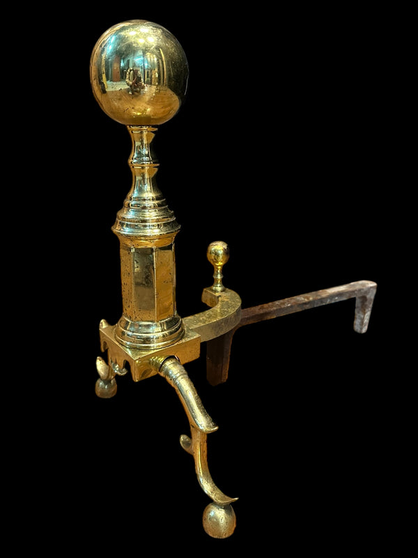 Antique Brass Andiron Pair w/ Ball Finials GA20123