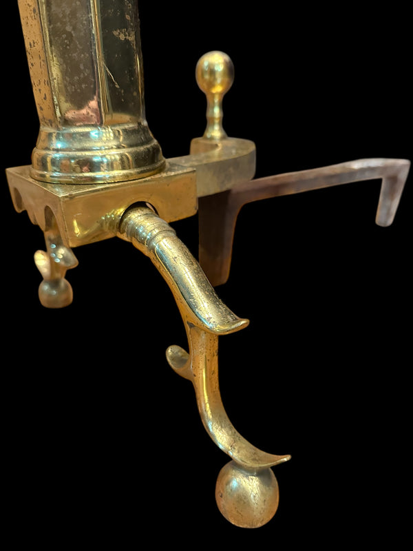 Antique Brass Andiron Pair w/ Ball Finials GA20123