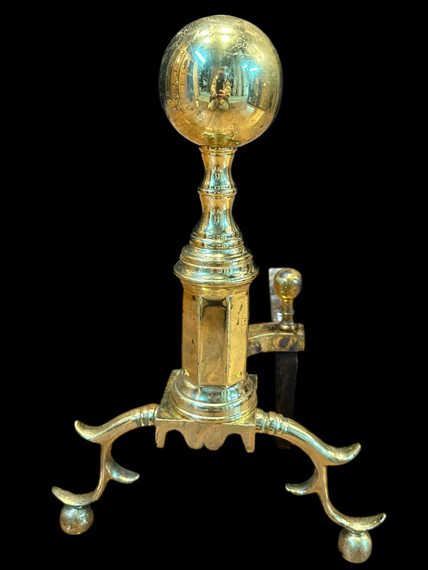 Antique Brass Andiron Pair w/ Ball Finials GA20123