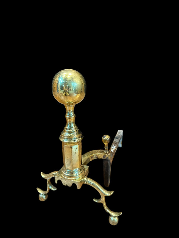 Antique Brass Andiron Pair w/ Ball Finials GA20123