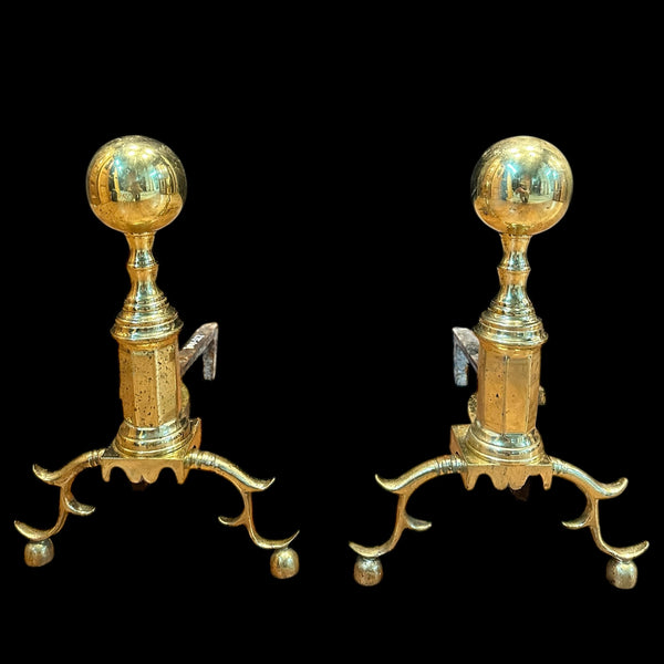 Antique Brass Andiron Pair w/ Ball Finials GA20123