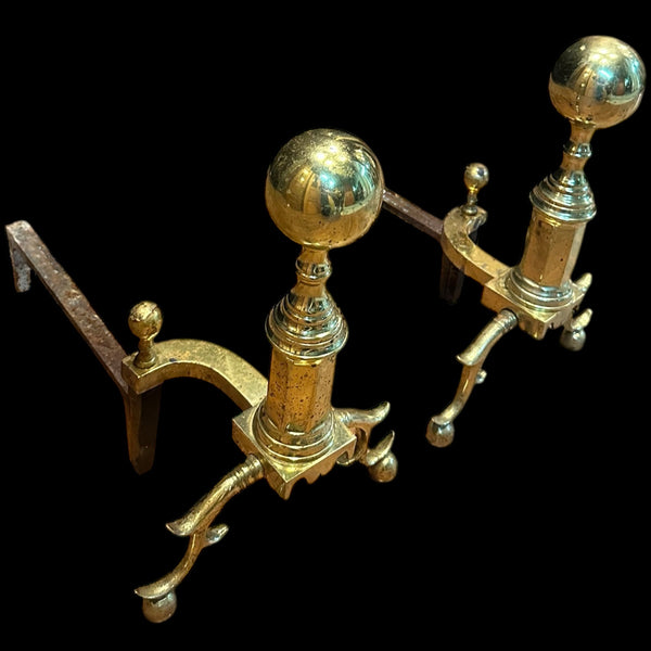 Antique Brass Andiron Pair w/ Ball Finials GA20123